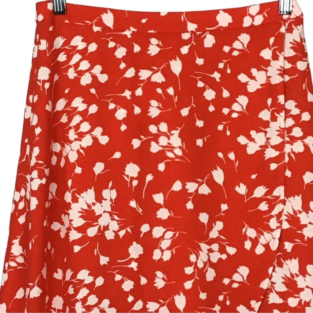 J. Crew Poppy Red Orange White Floral Faux Wrap Midi Skirt sz S